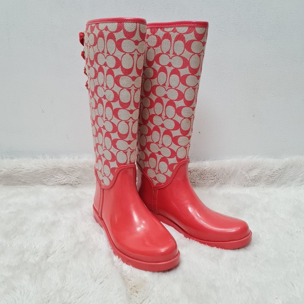 Coach Tristee Rain Boots Signature C Knee-High Lace-Up Back Pink Coral Sz 8